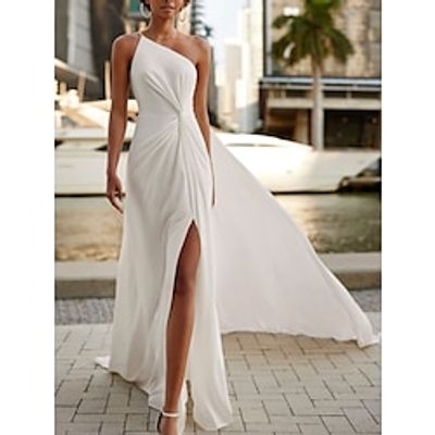 Hall Formal Wedding Dresses A-Line One Shoulder Sleeveless Court Train Chiffon Bridal Gowns With Pleats Split Front 2023 Lightinthebox