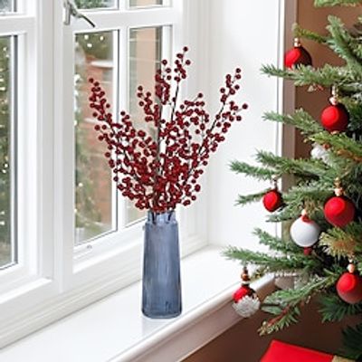 Artificial Red Berry Stem, Faux Silk Flower Decorative Fake Berry Plant Tree Ornaments for Garden Wedding Farmhouse Holiday Home Decor and Crafts Red miniinthebox