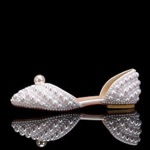 Women's Wedding Shoes Dress Shoes Flat Sandals White Shoes Wedding Party Work Imitation Pearl Flat Heel Pointed Toe Fashion Elegant Minimalism PU Loafer Solid Color Hollow-out White Beige Lightinthebox