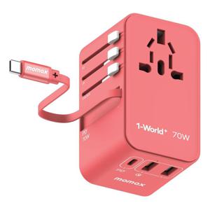 Momax 1-World 70W GaN 3 Port With Built-In USB-C Cable AC Travel Adaptor - Red