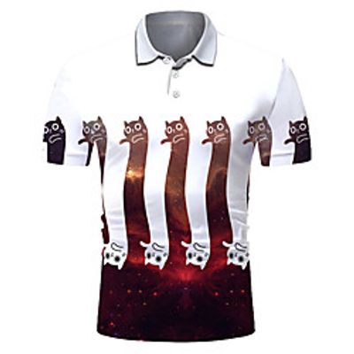 Men's Polo 3D Print Cat Animal Button-Down Short Sleeve Street Tops Casual Fashion Cool Breathable White Lightinthebox