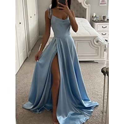 A-Line Bridesmaid Dress Spaghetti Strap Sleeveless Elegant Sweep  Brush Train Stretch Satin with Split Front  Ruching 2022 Lightinthebox
