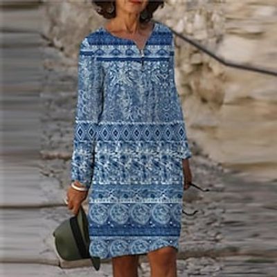Women's Casual Dress T Shirt Dress Tee Dress Shift Dress Blue Long Sleeve Floral Zipper Winter Fall Autumn Crew Neck Winter Dress Weekend Fall Dress 2022 XS S M L XL XXL 3XL 4XL 5XL 6XL Lightinthebox