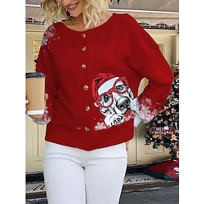 Women's Ugly Christmas Sweater Cardigan Sweater Jacket Crew Neck Ribbed Knit Polyester Button Knitted Print Fall Winter Short Outdoor Xmas Holiday Daily Stylish Casual Long Sleeve Animal Santa miniinthebox
