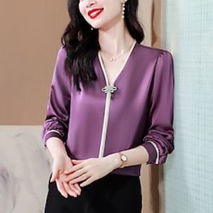 Women's Shirt Blouse Satin Plain Black Red Blue Long Sleeve Work Daily Business Mature V Neck Regular Fit Spring   Fall Lightinthebox