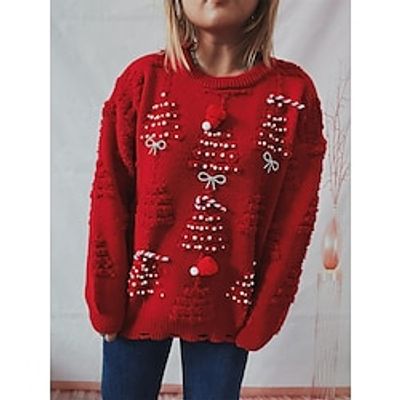 Women's Christmas Sweaters Pullover Sweater Jumper Crew Neck Chunky Knit Polyester Embroidery Beads Fall Winter Regular Christmas Daily New Year Fashion Daily Vintage Style Long Sleeve Christmas Tree miniinthebox