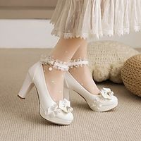 Women's Heels Dress Shoes Mary Jane Lolita Wedding Party Office Summer Bowknot Imitation Pearl Chunky Heel Round Toe Elegant Vintage Cute Faux Leather Ankle Strap Black White Pink miniinthebox - thumbnail