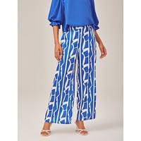 Ruched Waist Blue Printed Straight-Leg Pants