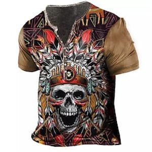 Men's T shirt Tee Henley Shirt Tee Graphic Skull Henley Brown Short Sleeve 3D Print Plus Size Outdoor Daily Button-Down Print Tops Basic Designer Classic Comfortable / Summer / Summer / Sports miniinthebox