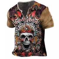 Men's T shirt Tee Henley Shirt Tee Graphic Skull Henley Brown Short Sleeve 3D Print Plus Size Outdoor Daily Button-Down Print Tops Basic Designer Classic Comfortable / Summer / Summer / Sports miniinthebox - thumbnail