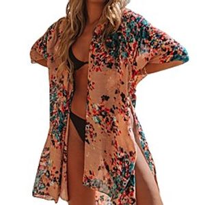Women's Cover Up Beach Top Swimsuit Oversized Floral white Floral black Positioning flower-black Positioning flower-white Positioning Flower-Maple Leaf Plus Size Swimwear Bathing Suits New Lightinthebox