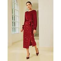 Sequin Velvet Burgundy Tie Front Christmas Elegant Party Midi Dress