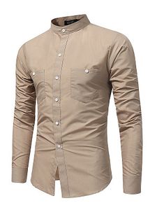 Men Band Collar Patch Pocket Plain Shirts