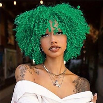 Short Curly Afro Wigs For Women Blue Kinky Curly Wig With Bangs Bomb Curly Hair Synthetic Glueless Full Wigs Heat Resistant Fiber Christmas Halloween Wig miniinthebox