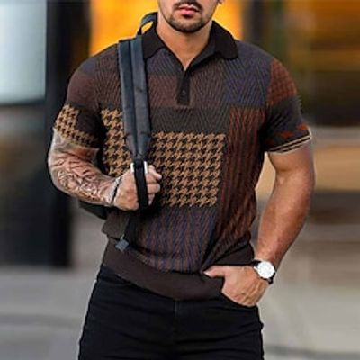 Men's Polo Shirt Golf Shirt Houndstooth Graphic Prints Geometry Turndown Black Brown Outdoor Street Long Sleeve Print Clothing Apparel Fashion Designer Casual Breathable Lightinthebox