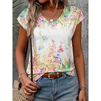 Women's T shirt Tee Floral Casual Holiday White Print Short Sleeve Fashion V Neck Regular Fit Summer Lightinthebox