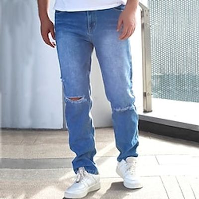 Men's Jeans Trousers Denim Pants Button Pocket Ripped Plain Comfort Breathable Outdoor Daily Going out Fashion Casual Blue miniinthebox