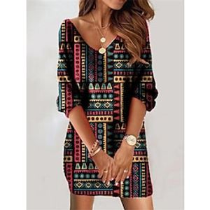 Women's Sweatshirt Dress Casual Dress Mini Dress Warm Daily Outdoor Going out Weekend V Neck Print Geometric Color Block Ethnic Loose Fit Black Red S M L XL XXL Lightinthebox