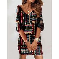 Women's Sweatshirt Dress Casual Dress Mini Dress Warm Daily Outdoor Going out Weekend V Neck Print Geometric Color Block Ethnic Loose Fit Black Red S M L XL XXL Lightinthebox - thumbnail
