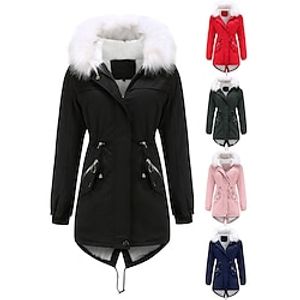 Women's Parka Puffer Coat Thermal Warm Winter Coat Windproof Heated Coat with Fur Collar Fall Zip up Drawstring Fleece Jacket with Pockets Outerwear Pink Black Pink Mid-Length Lightinthebox