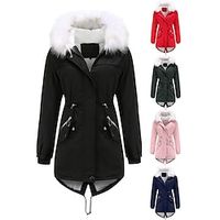 Women's Parka Puffer Coat Thermal Warm Winter Coat Windproof Heated Coat with Fur Collar Fall Zip up Drawstring Fleece Jacket with Pockets Outerwear Pink Black Pink Mid-Length Lightinthebox - thumbnail