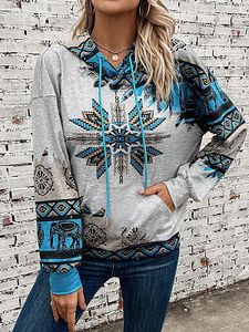Women's Western Ethnic Print Color Block Hooded Sweatshirt