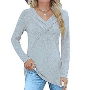 Women's T shirt Tee Cotton Black Yellow Pink Plain Button Long Sleeve Daily Weekend Fashion V Neck Regular Fit Spring   Fall miniinthebox