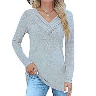 Women's T shirt Tee Cotton Black Yellow Pink Plain Button Long Sleeve Daily Weekend Fashion V Neck Regular Fit Spring   Fall miniinthebox