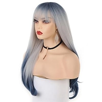 Long Straight Ombre Blue Wigs With Bangs Natural Fake Hair For Daily Christmas Halloween Cosplay Party Synthetic Wigs For Women Synthetic Hair Replacement Hair miniinthebox