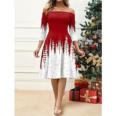 Women's Retro 1950s Vintage Dress Midi Dress Christmas Daily Print Christmas Tree Off Shoulder 34 Length Sleeve Slim Spring Fall 2023 Red Blue S M L XL Lightinthebox