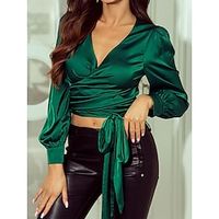 Shirt Blouse Women's Green Solid Color Lace up Cropped Street Daily Fashion V Neck S Lightinthebox