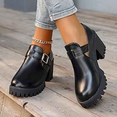 Women's Pumps Boots Platform Boots Plus Size Outdoor Daily Booties Ankle Boots Platform Chunky Heel Round Toe Casual Comfort Minimalism Faux Leather Loafer Black miniinthebox