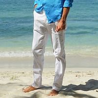 Men's Linen Pants Trousers Summer Pants Suit Pants Button Front Pocket Plain Comfort Breathable Casual Daily Holiday Linen Cotton Blend Fashion Basic White Khaki Lightinthebox - thumbnail