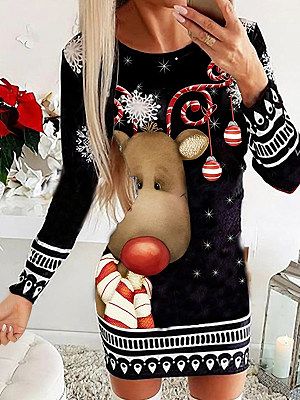 Women's Christmas Elk Print Round Neck Long Sleeve Dress Women's Christmas Elk Print Round Neck Long Sleeve Dress