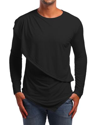 Men Fall Casual Cotton Plain Asymmetrical Hem Design T-Shirt