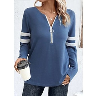 Women's T shirt Tee Plain Blue Quarter Zip Long Sleeve Daily Weekend Fashion Round Neck Regular Fit Spring   Fall Lightinthebox