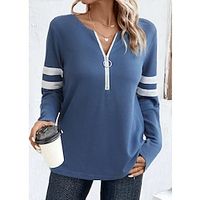 Women's T shirt Tee Plain Blue Quarter Zip Long Sleeve Daily Weekend Fashion Round Neck Regular Fit Spring   Fall Lightinthebox - thumbnail