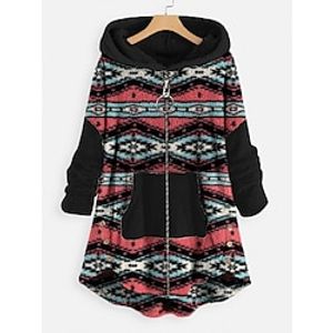 Women's Zip Hoodie Sweatshirt Fleece Jacket Fleece Tribal Teddy Ethnic Fuzzy Zip Up Front Pocket Print Pink Red Blue Loose Fit Casual Sports Hoodie Long Sleeve Top Micro-elastic Fall  Winter Lightinthebox