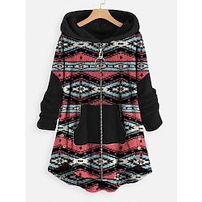Women's Zip Hoodie Sweatshirt Fleece Jacket Fleece Tribal Teddy Ethnic Fuzzy Zip Up Front Pocket Print Pink Red Blue Loose Fit Casual Sports Hoodie Long Sleeve Top Micro-elastic Fall  Winter Lightinthebox
