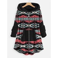 Women's Zip Hoodie Sweatshirt Fleece Jacket Fleece Tribal Teddy Ethnic Fuzzy Zip Up Front Pocket Print Pink Red Blue Loose Fit Casual Sports Hoodie Long Sleeve Top Micro-elastic Fall  Winter Lightinthebox - thumbnail