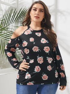 Plus Size Cold Shoulder Floral Print Long Sleeves Tee