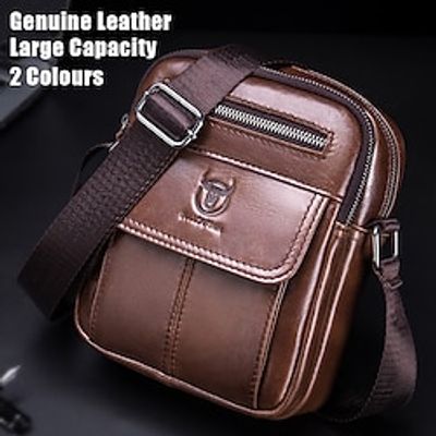 Men's Crossbody Bag Shoulder Bag Satchel Leather Outdoor Daily Holiday Zipper Large Capacity Waterproof Durable Solid Color Black Brown miniinthebox