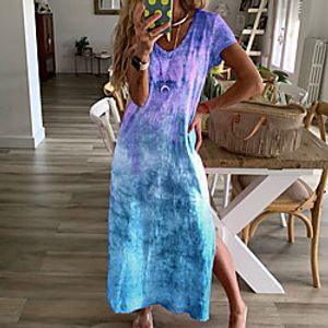 Women's Shift Dress Maxi long Dress Blue Green Red Short Sleeve Tie Dye Split Spring Summer Round Neck Elegant Casual Holiday 2021 S M L XL miniinthebox