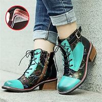 Women's Boots Biker boots Lace Up Boots Handmade Shoes Daily Booties Ankle Boots Zipper Lace-up Chunky Heel Round Toe Vintage Casual Comfort Leather Zipper Color Block Green  Blue Lightinthebox - thumbnail