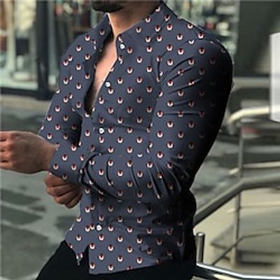 Men's Shirt Graphic Turndown Navy Blue 3D Print Outdoor Street Long Sleeve Button-Down Print Clothing Apparel Fashion Designer Casual Breathable miniinthebox