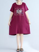 Vintage Women Short Sleeve Embroidered O-neck Dresses