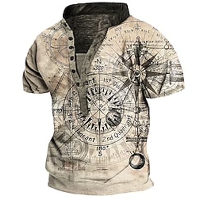 Men's T shirt Tee Henley Shirt Tee Graphic Compass Stand Collar Khaki 3D Print Plus Size Outdoor Daily Short Sleeve Button-Down Print Clothing Apparel Basic Designer Casual Big and Tall / Summer miniinthebox