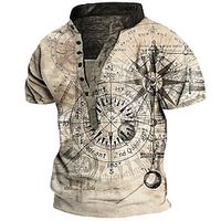 Men's T shirt Tee Henley Shirt Tee Graphic Compass Stand Collar Khaki 3D Print Plus Size Outdoor Daily Short Sleeve Button-Down Print Clothing Apparel Basic Designer Casual Big and Tall / Summer miniinthebox - thumbnail