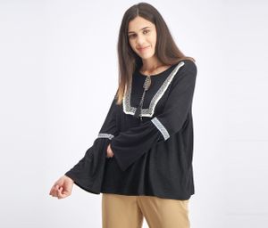 Womens Embroidered-Trim Solid Peasant Top  Black