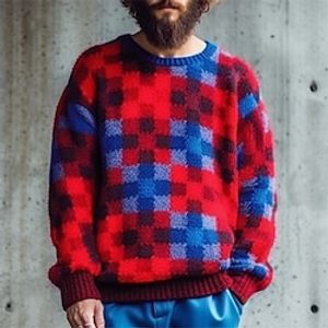 Color Block Plaid  Check Geometry Business Retro Vintage Men's Knitting Print Pullover Sweater Jumper Knitwear Outdoor Daily Vacation Long Sleeve Crewneck Sweaters Red Brown Gray Fall Winter S M L Lightinthebox